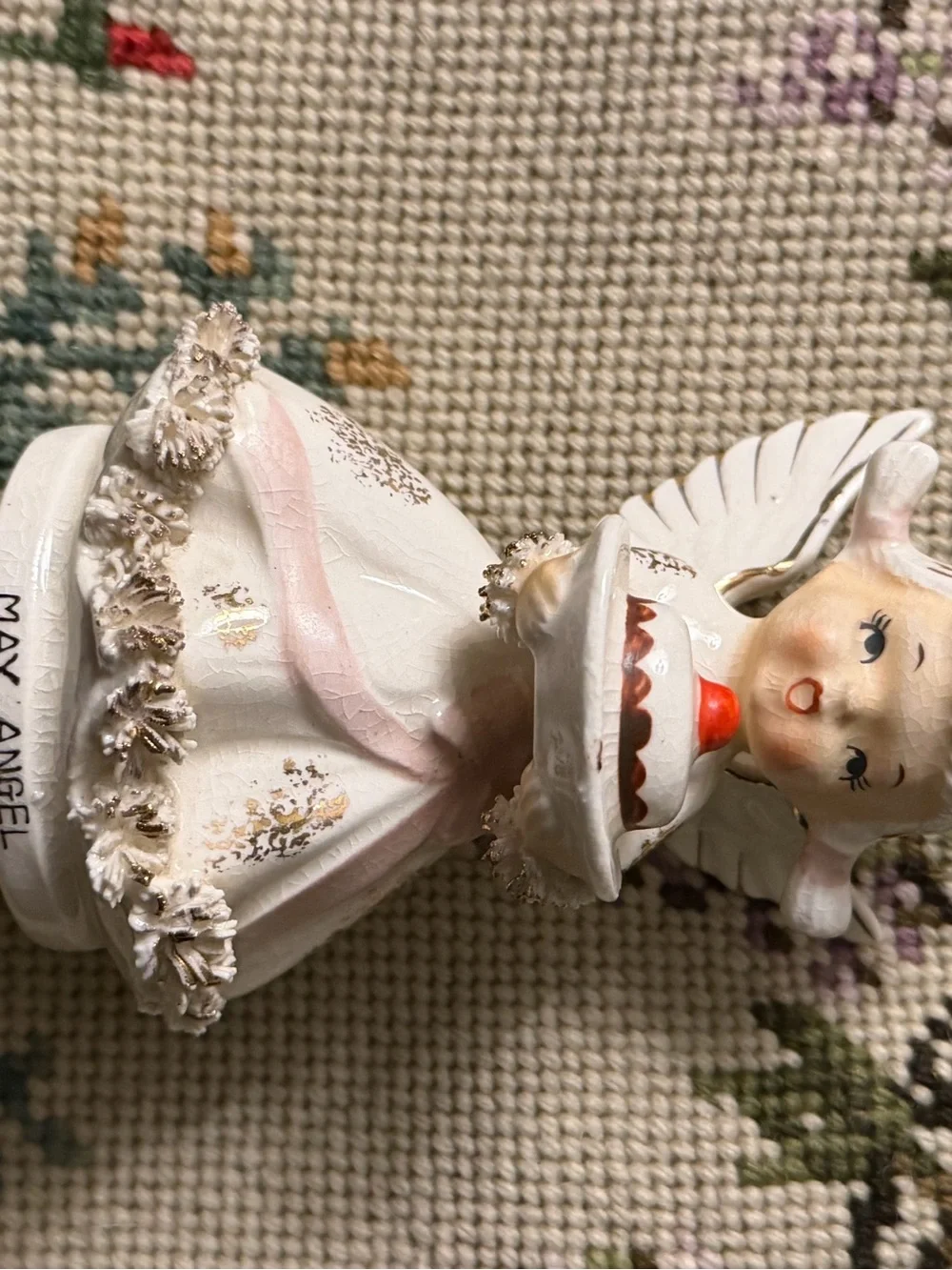 Vintage Lefton Birthday of the Month-May Angel porcelain figurine cherry on top